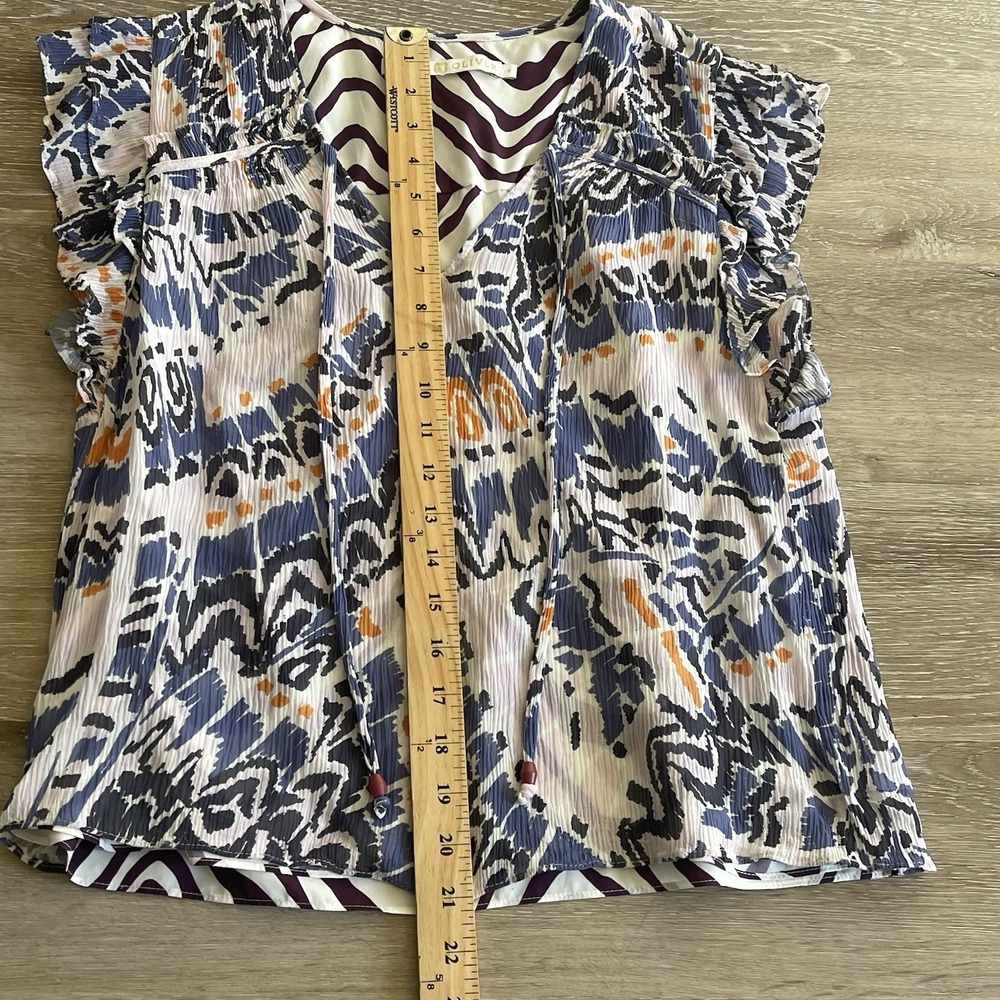 Marie Oliver Flutter Sleeve Blouse Small Zebra Lined Crinkle Fabric V-Neck Ties - Picture 3 of 8